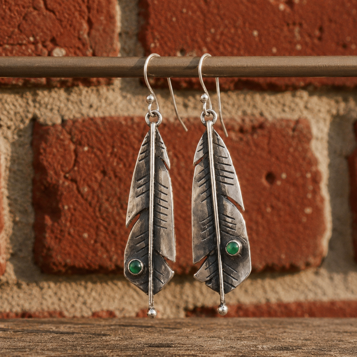 Handmade Sterling Silver Green Agate Feather Earrings