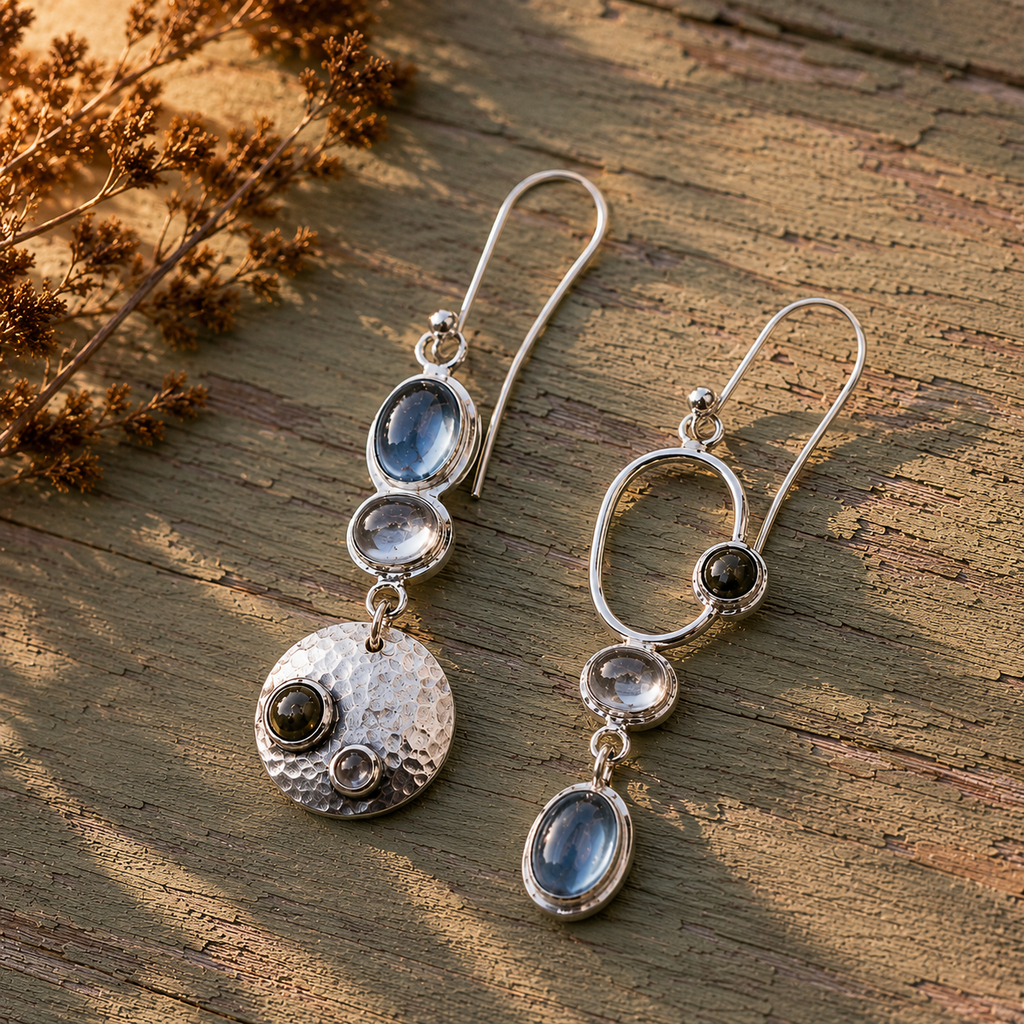 Handcrafted Asymmetrical Sterling Silver Gemstone Earrings