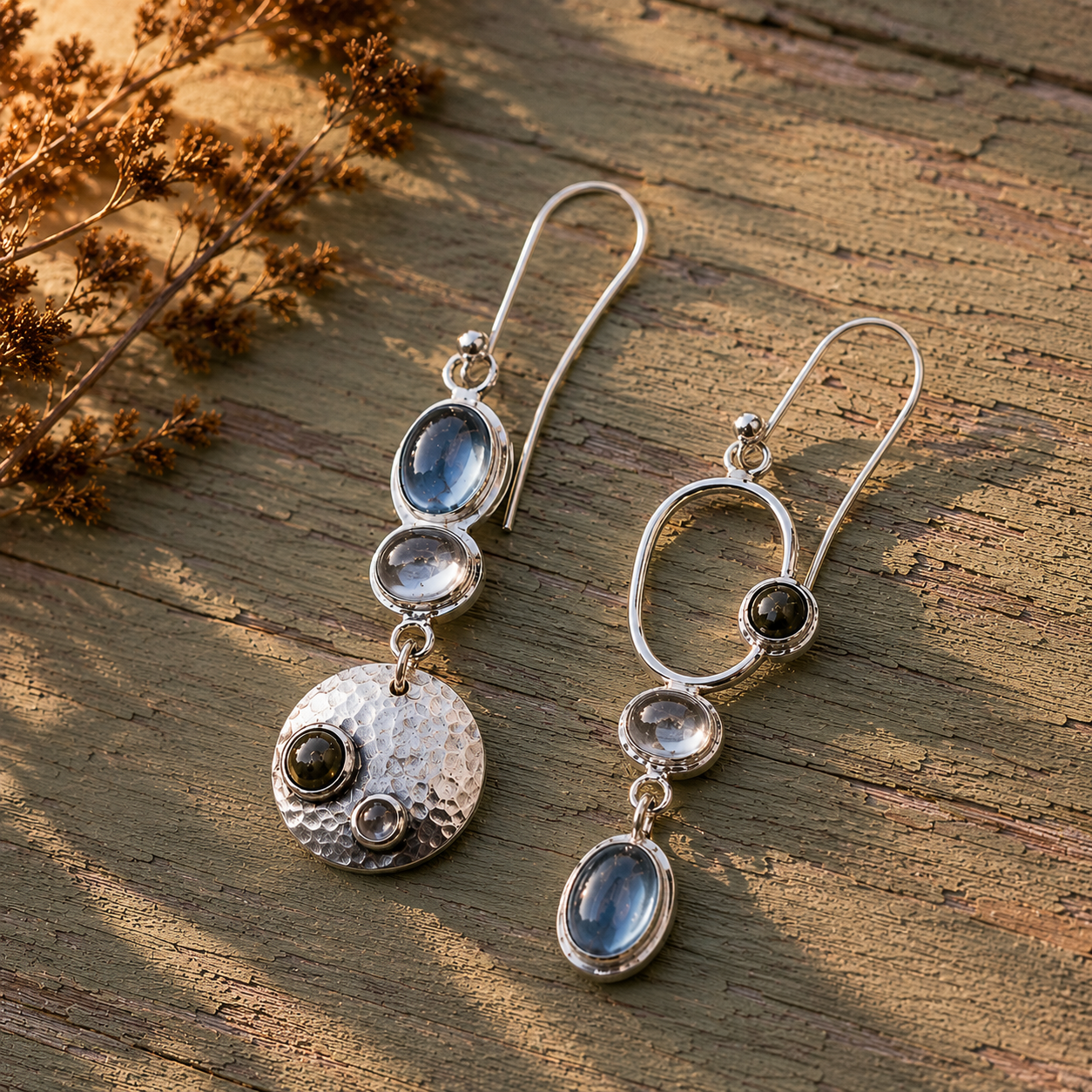 Handcrafted Asymmetrical Sterling Silver Gemstone Earrings