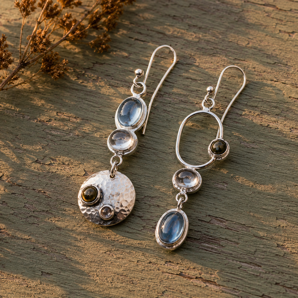Handcrafted Asymmetrical Sterling Silver Gemstone Earrings