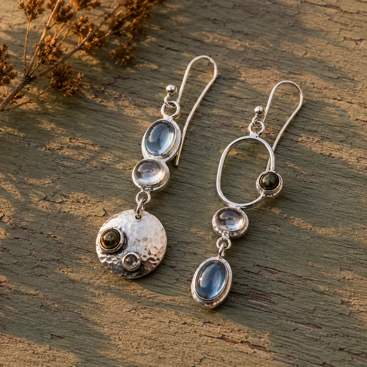 Handcrafted Asymmetrical Sterling Silver Gemstone Earrings