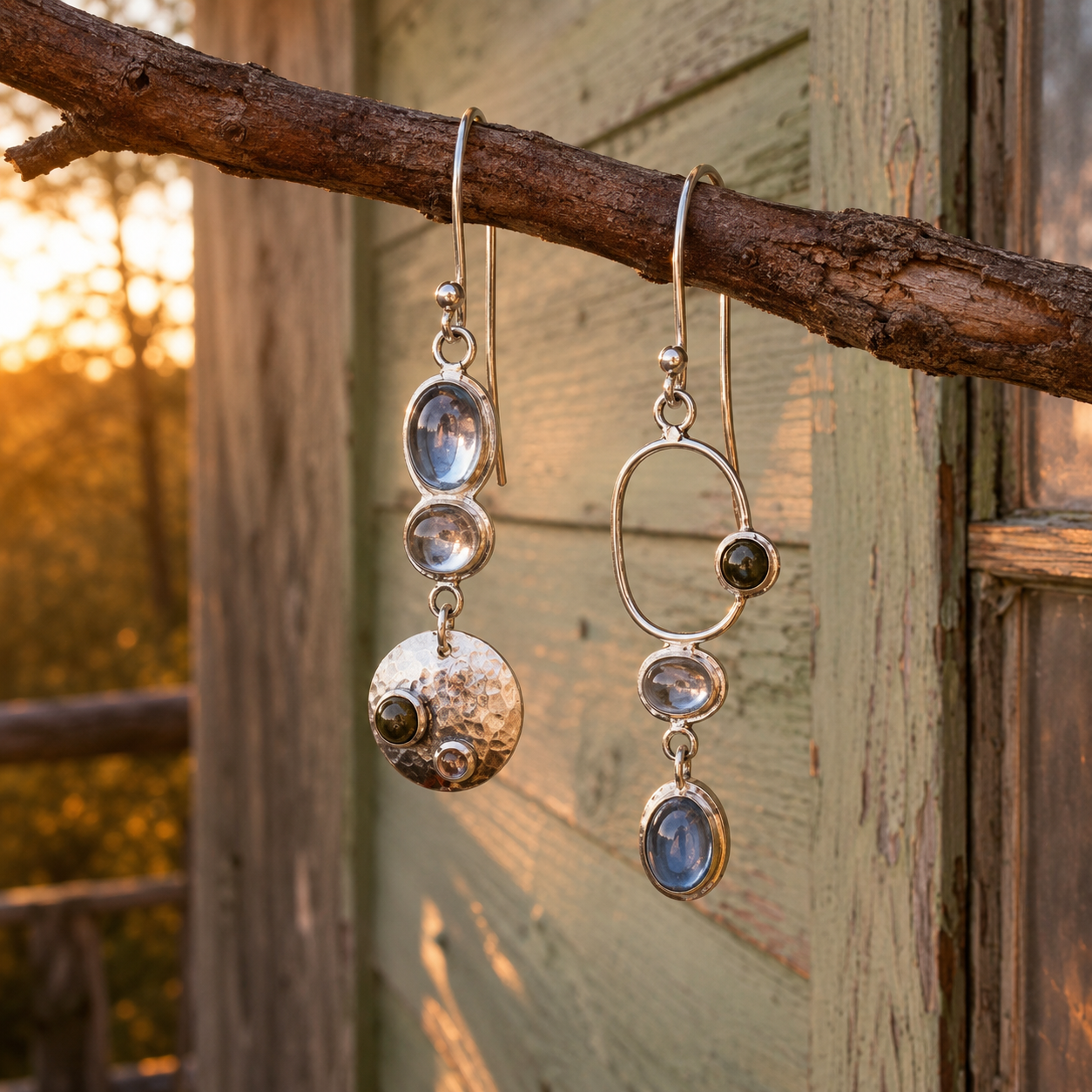 Handcrafted Asymmetrical Sterling Silver Gemstone Earrings