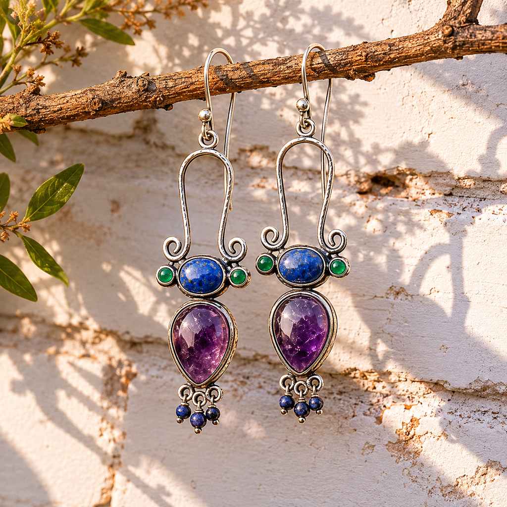 Handcrafted Amethyst and Lapis Lazuli Sterling Silver Earrings for Women