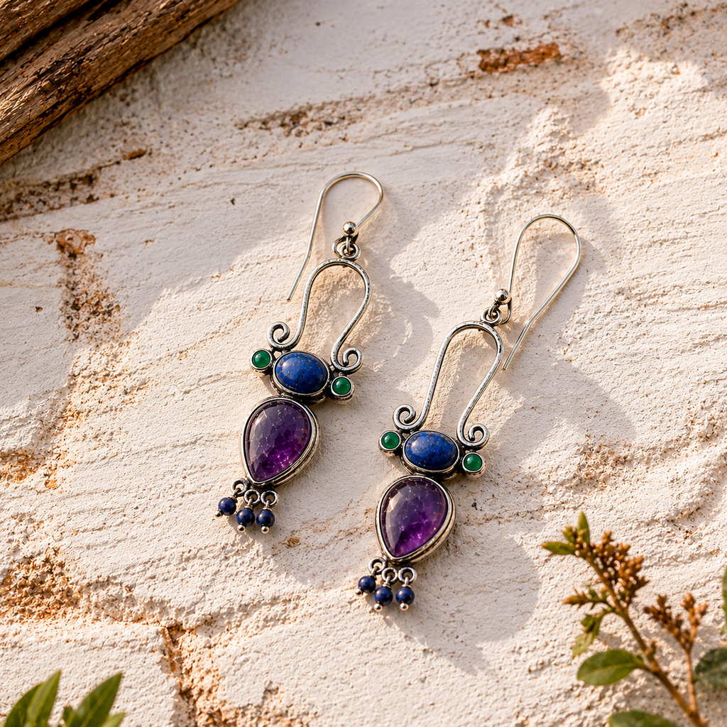 Handcrafted Amethyst and Lapis Lazuli Sterling Silver Earrings for Women