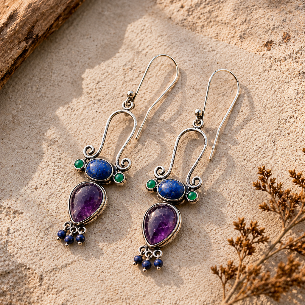 Handcrafted Amethyst and Lapis Lazuli Sterling Silver Earrings for Women