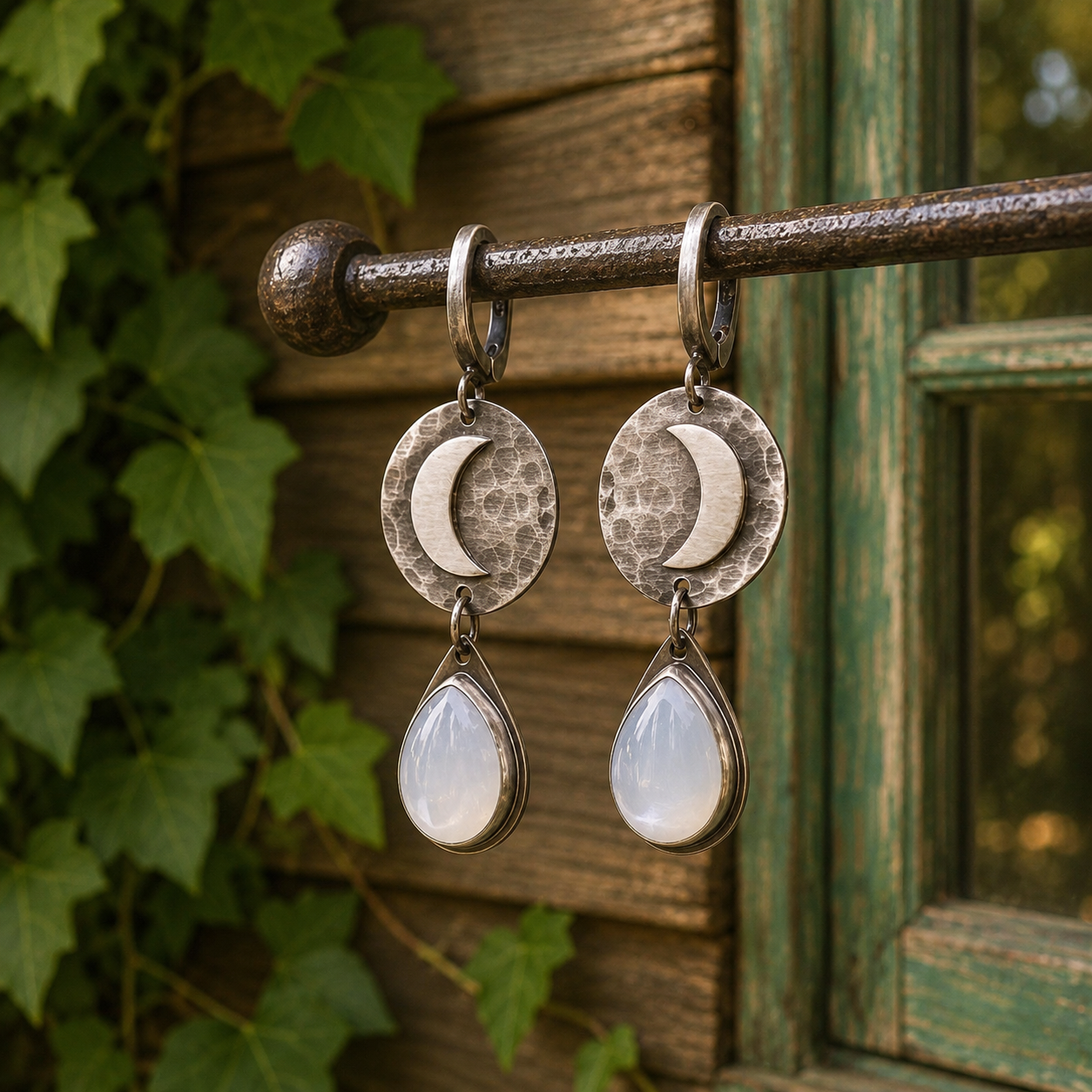 Handcrafted Hammered Sterling Silver Moonstone Earrings