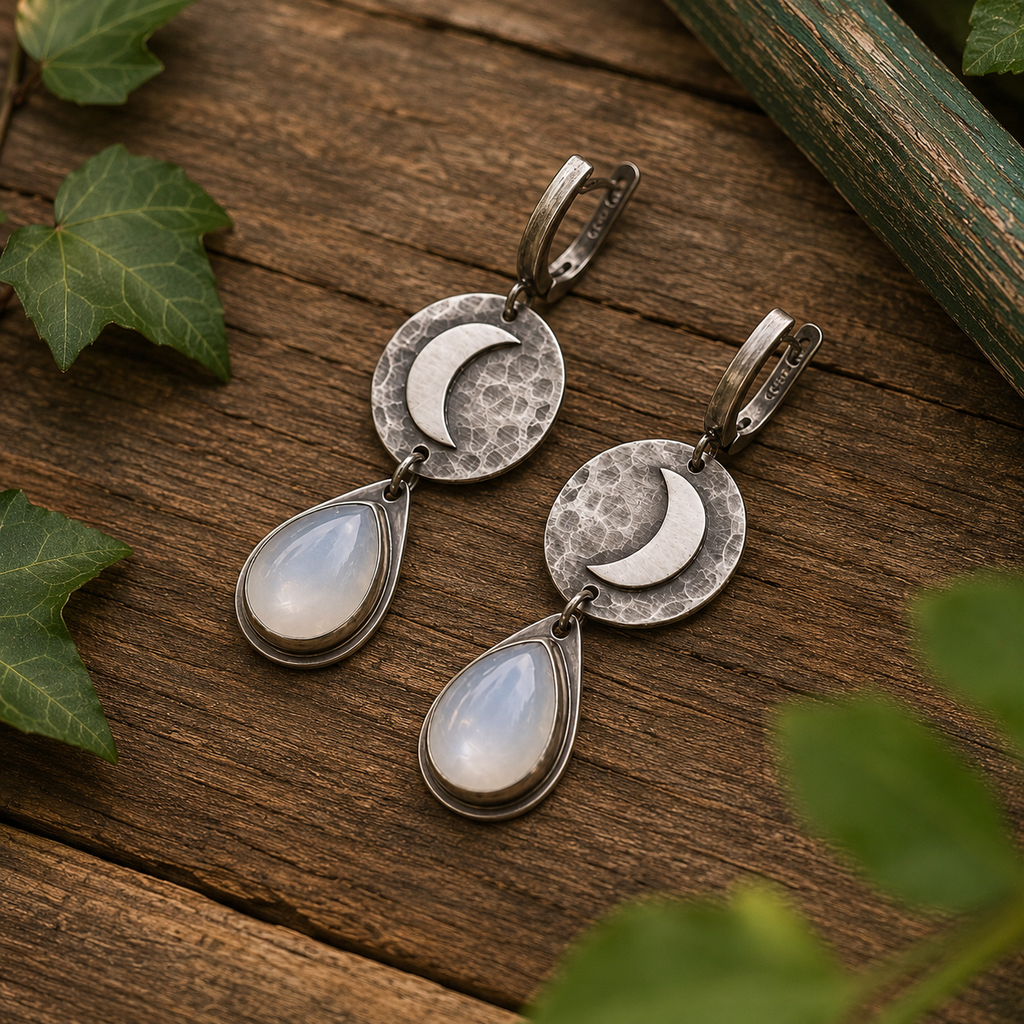 Handcrafted Hammered Sterling Silver Moonstone Earrings