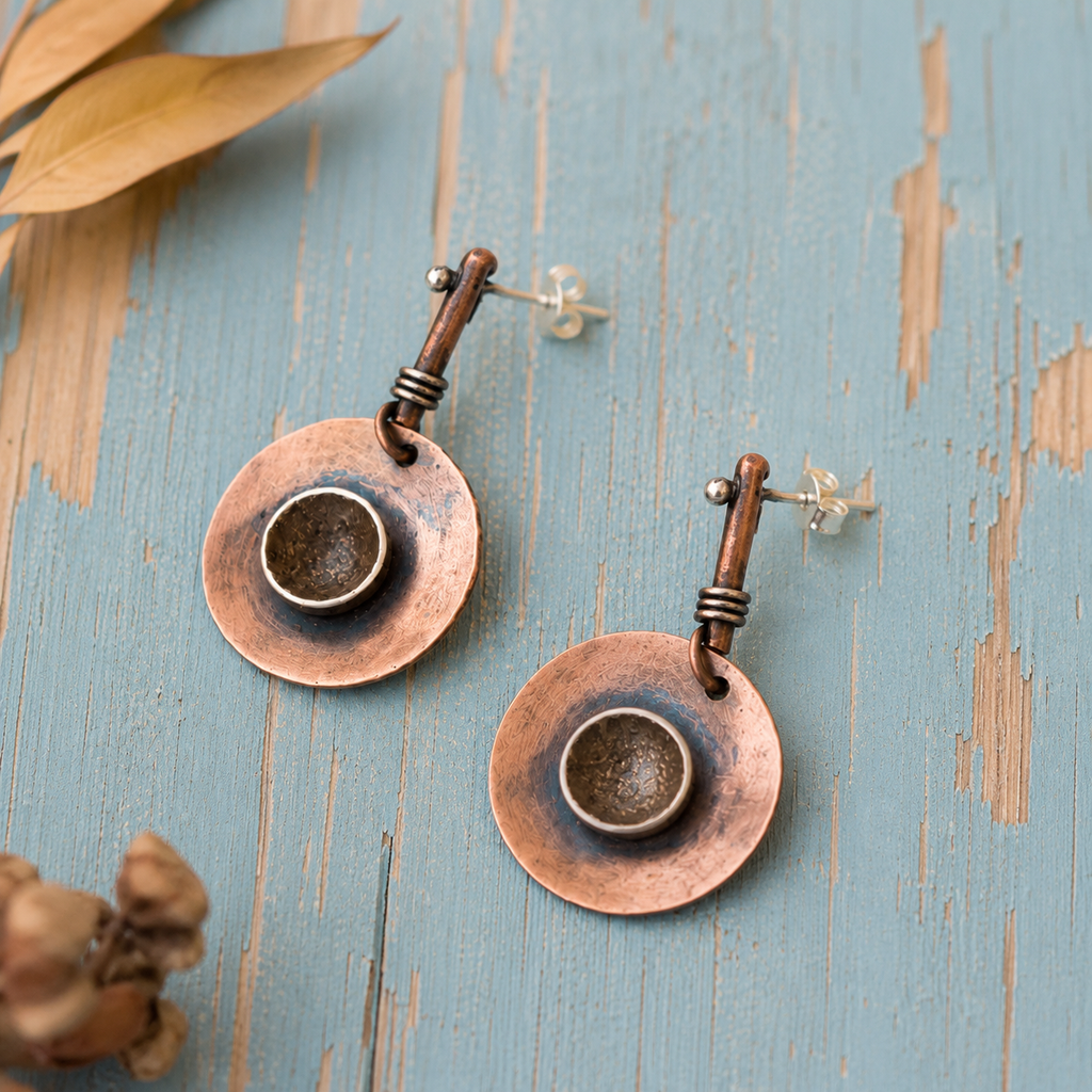 Handcrafted Vintage Copper & Sterling Silver Circle Earrings