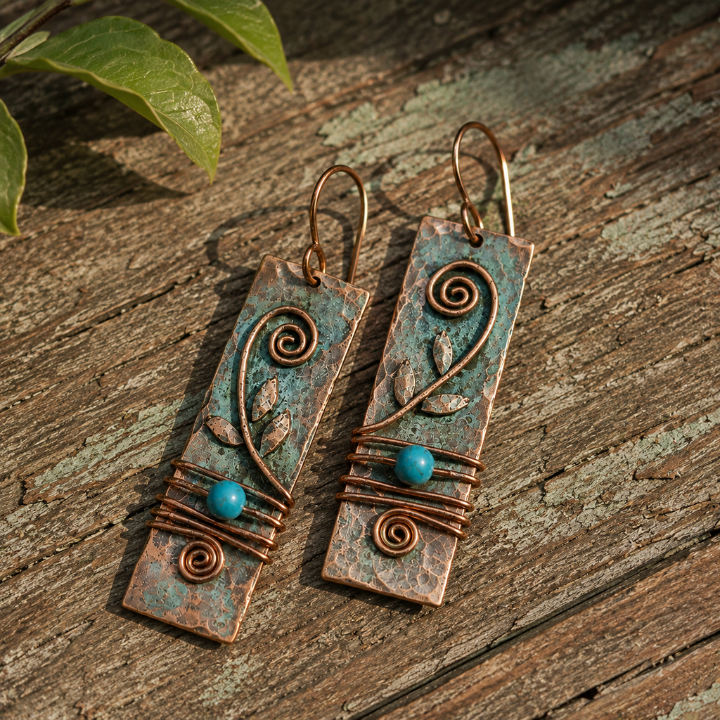 Handcrafted Hammered Copper & Turquoise Vintage Earrings
