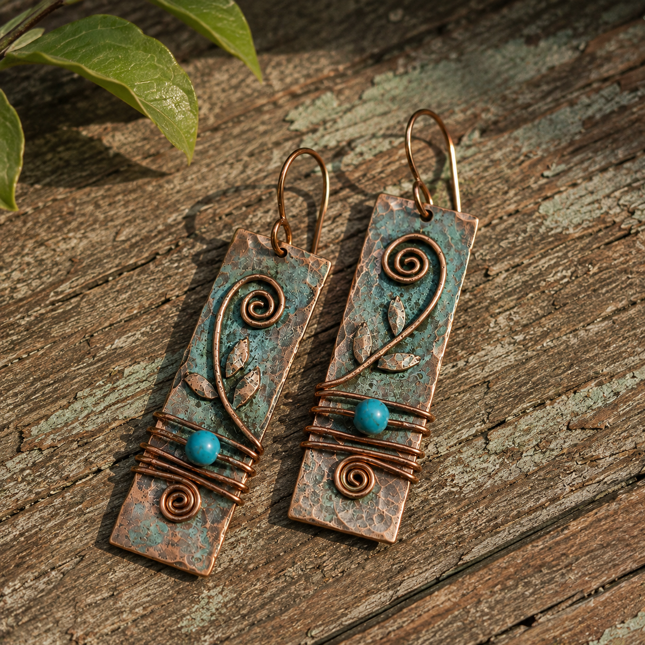 Handcrafted Hammered Copper & Turquoise Vintage Earrings
