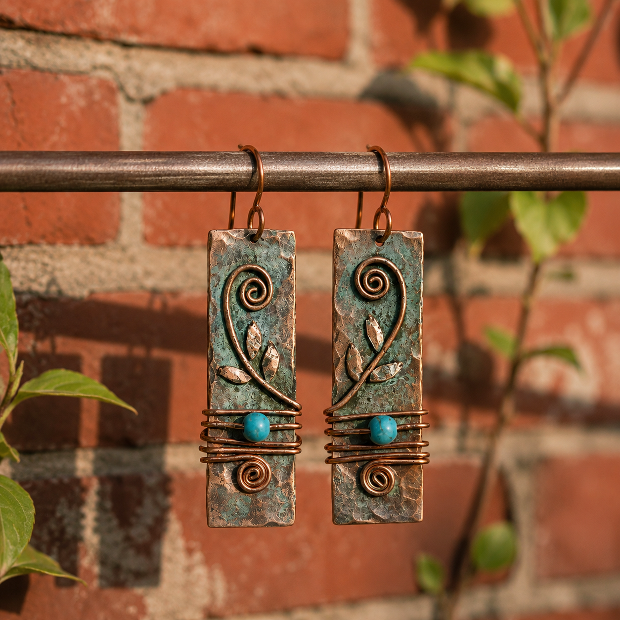 Handcrafted Hammered Copper & Turquoise Vintage Earrings