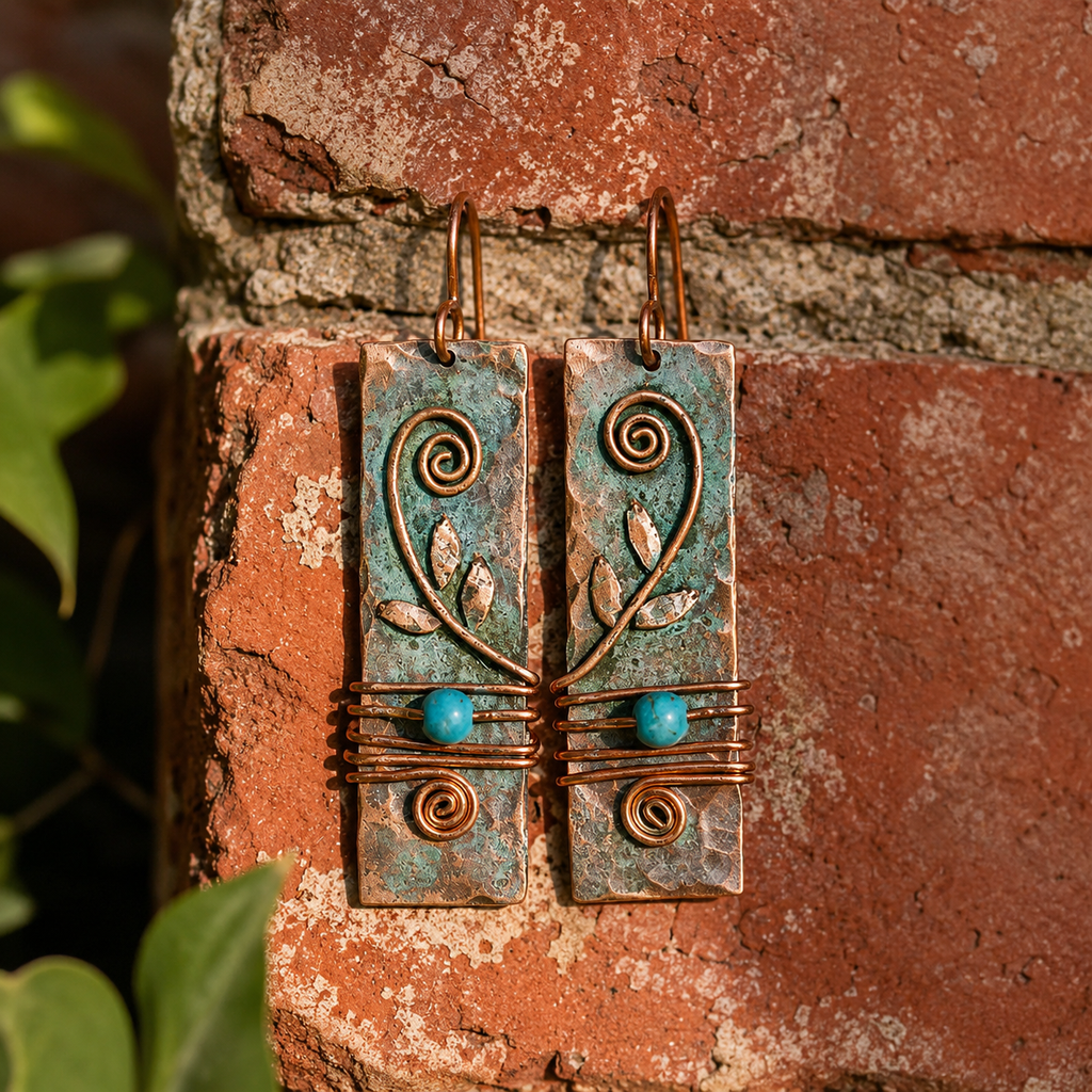 Handcrafted Hammered Copper & Turquoise Vintage Earrings