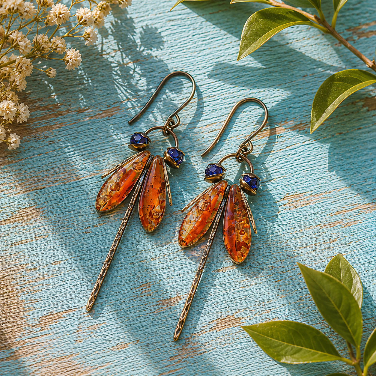 Handcrafted Copper Firefly Earrings with Amber Accents