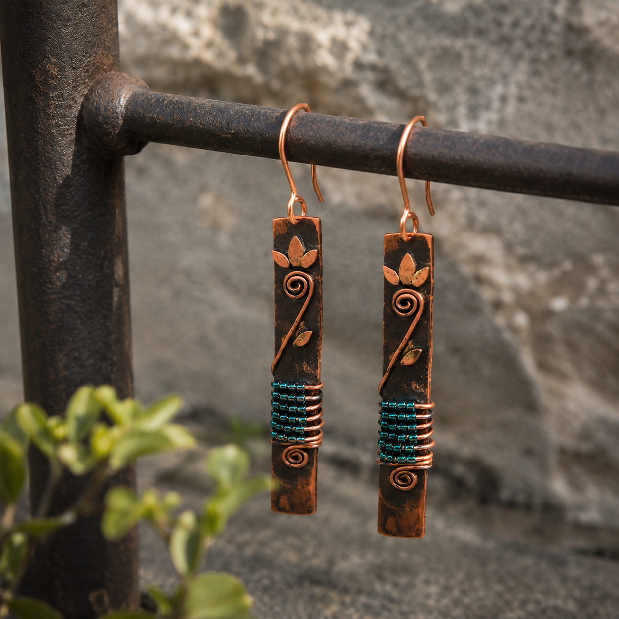 Artisan Boho Dangle Earrings for Women | Rustic Statement Jewelry | Handmade Copper Drop Earrings