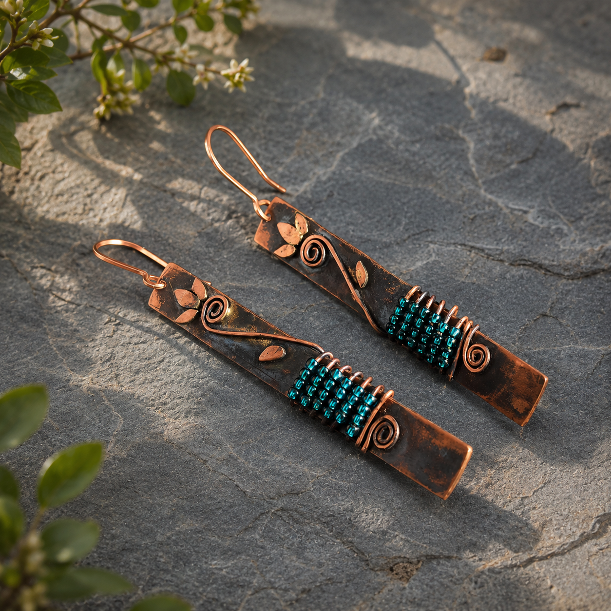 Artisan Boho Dangle Earrings for Women | Rustic Statement Jewelry | Handmade Copper Drop Earrings