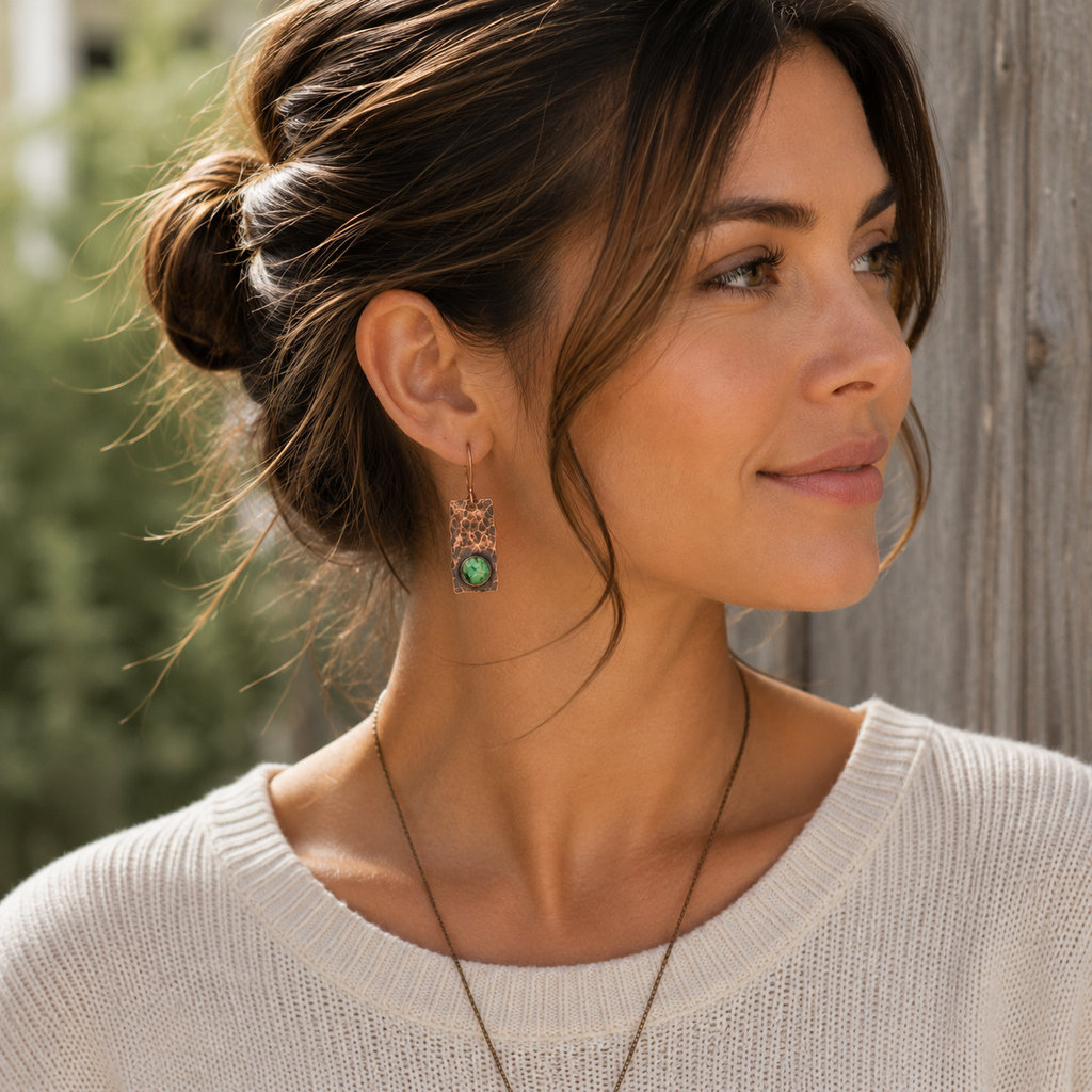 Hand-Hammered Copper Turquoise Earrings