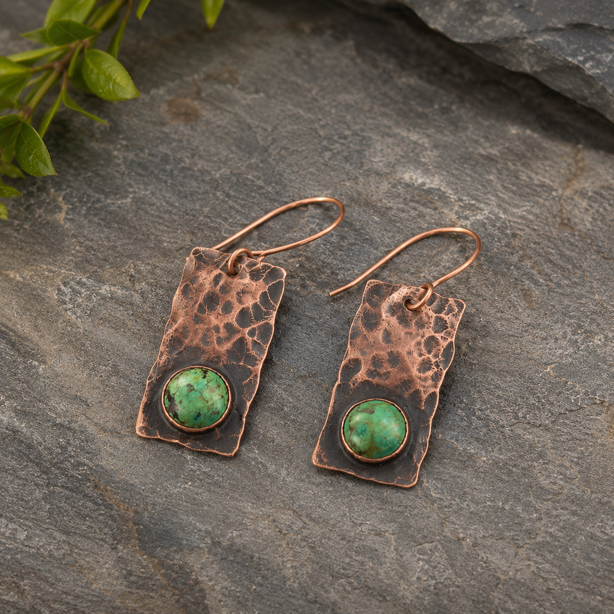 Hand-Hammered Copper Turquoise Earrings