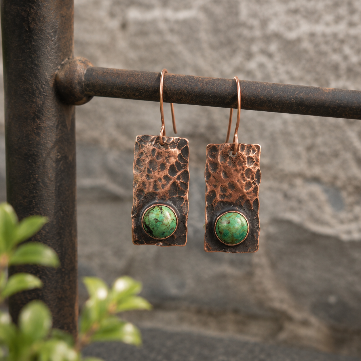 Hand-Hammered Copper Turquoise Earrings
