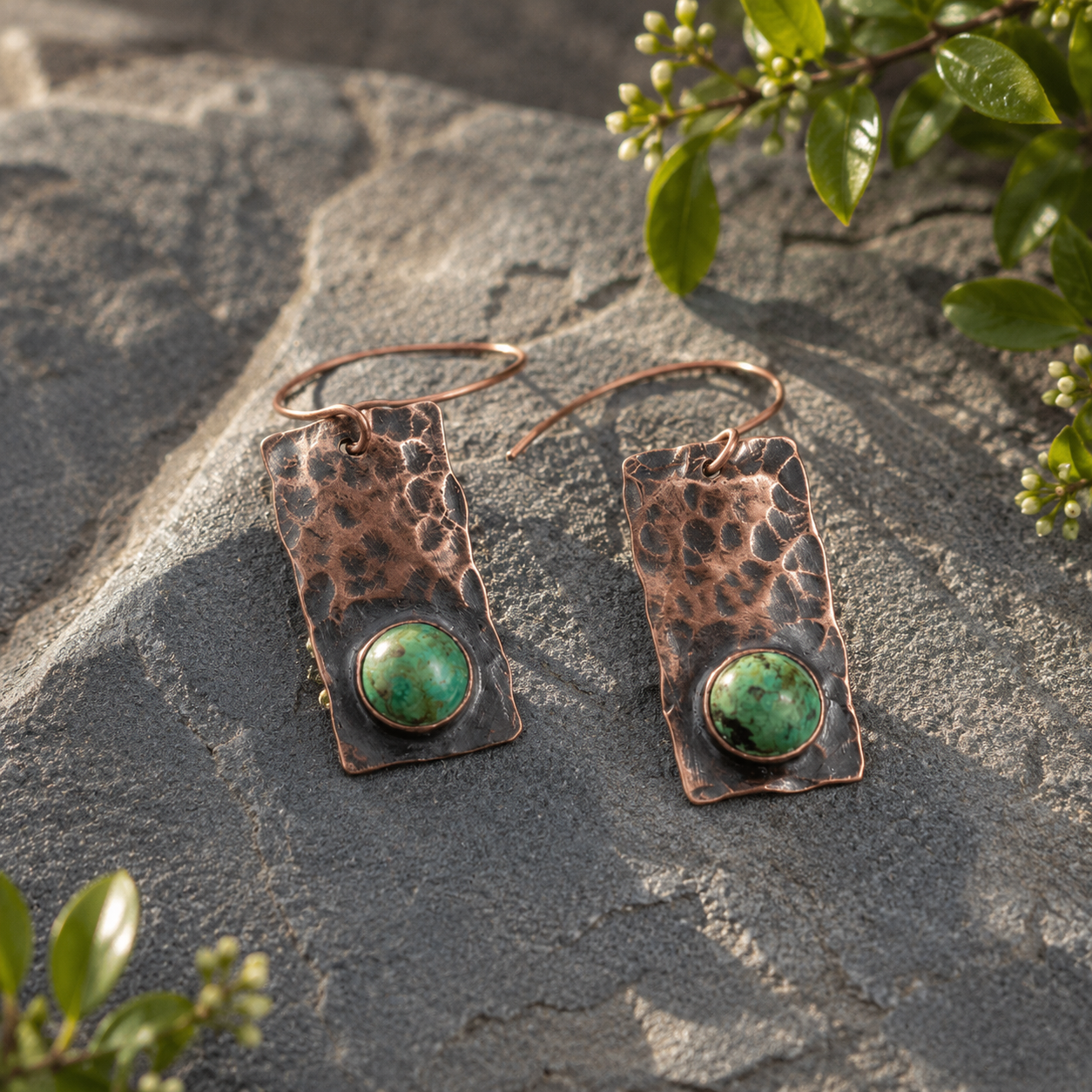 Hand-Hammered Copper Turquoise Earrings