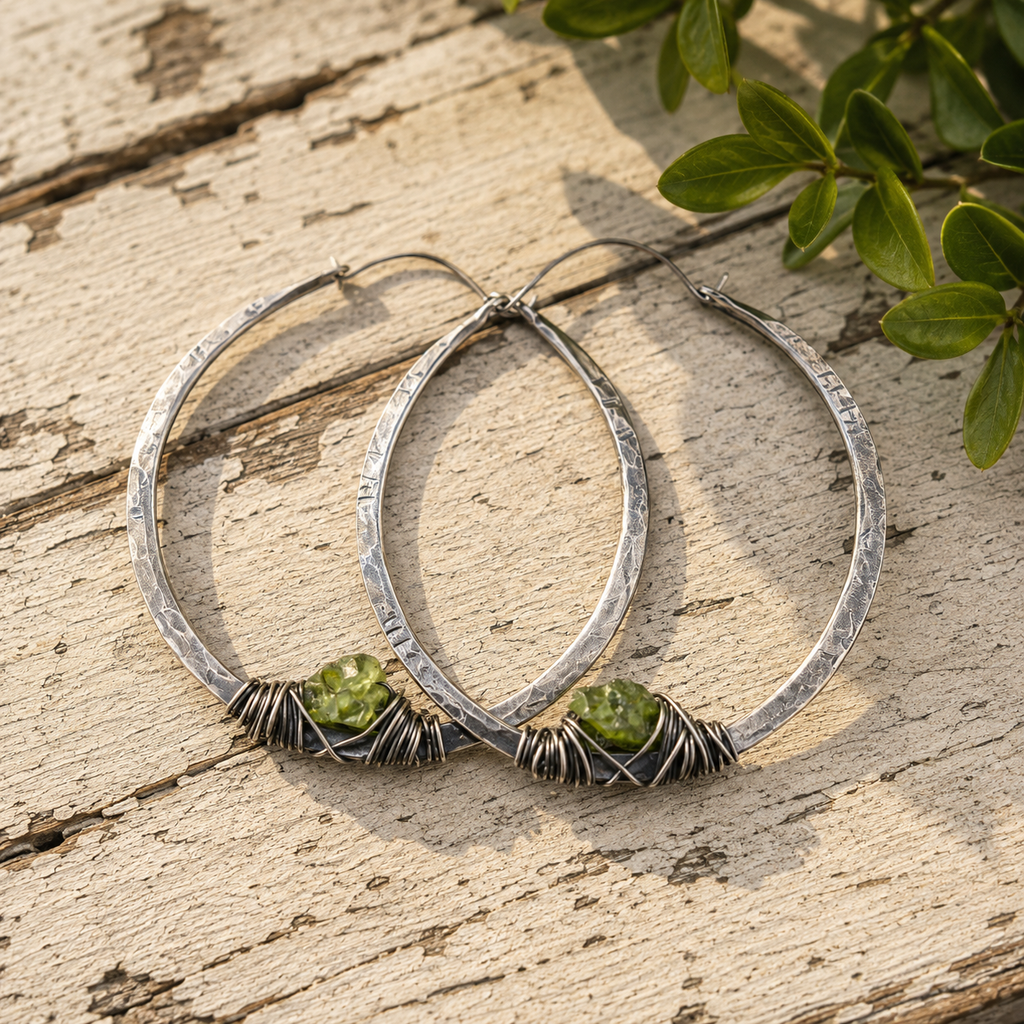 Hammered Sterling Silver Hoop Earrings with Raw Crystal Stone