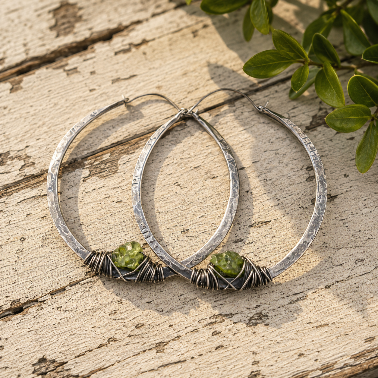 Hammered Sterling Silver Hoop Earrings with Raw Crystal Stone