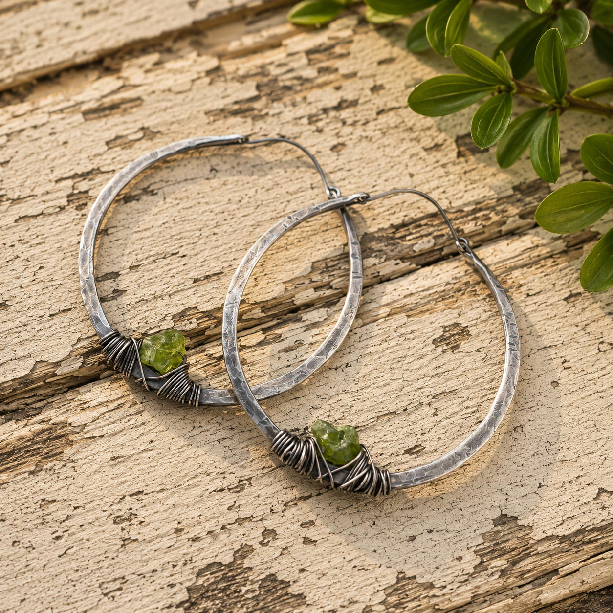 Hammered Sterling Silver Hoop Earrings with Raw Crystal Stone