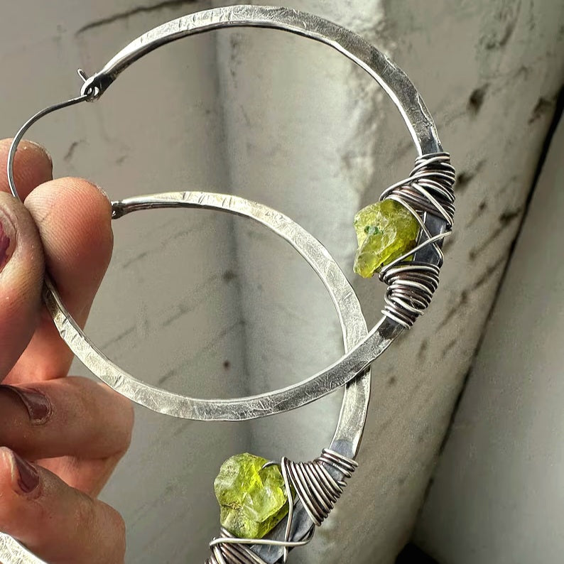 Hammered Sterling Silver Hoop Earrings with Raw Crystal Stone