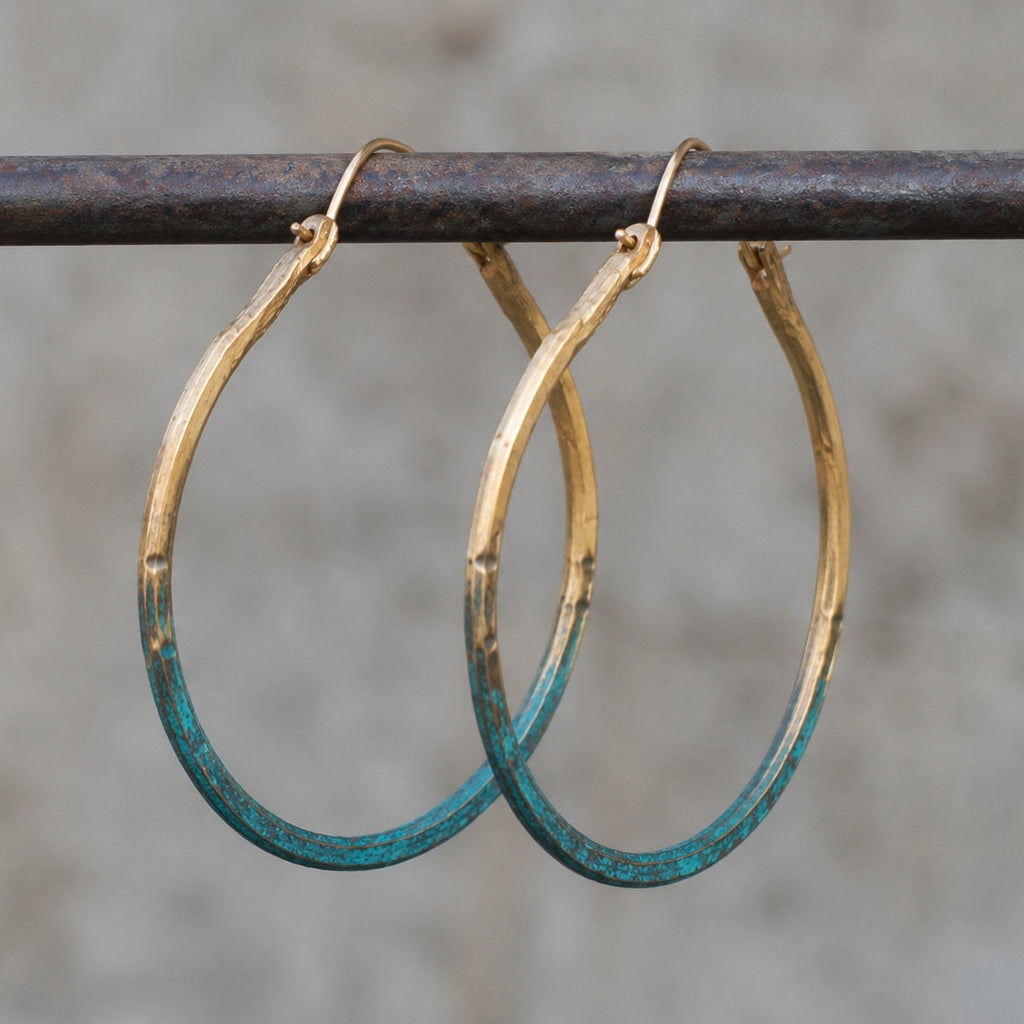 Handcrafted Verdigris Hammered Brass Hoop Earrings