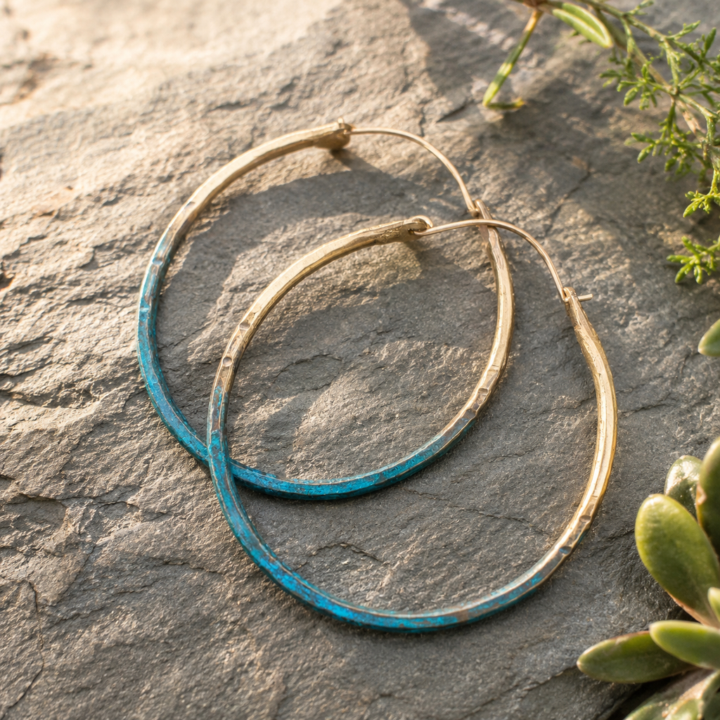 Handcrafted Verdigris Hammered Brass Hoop Earrings