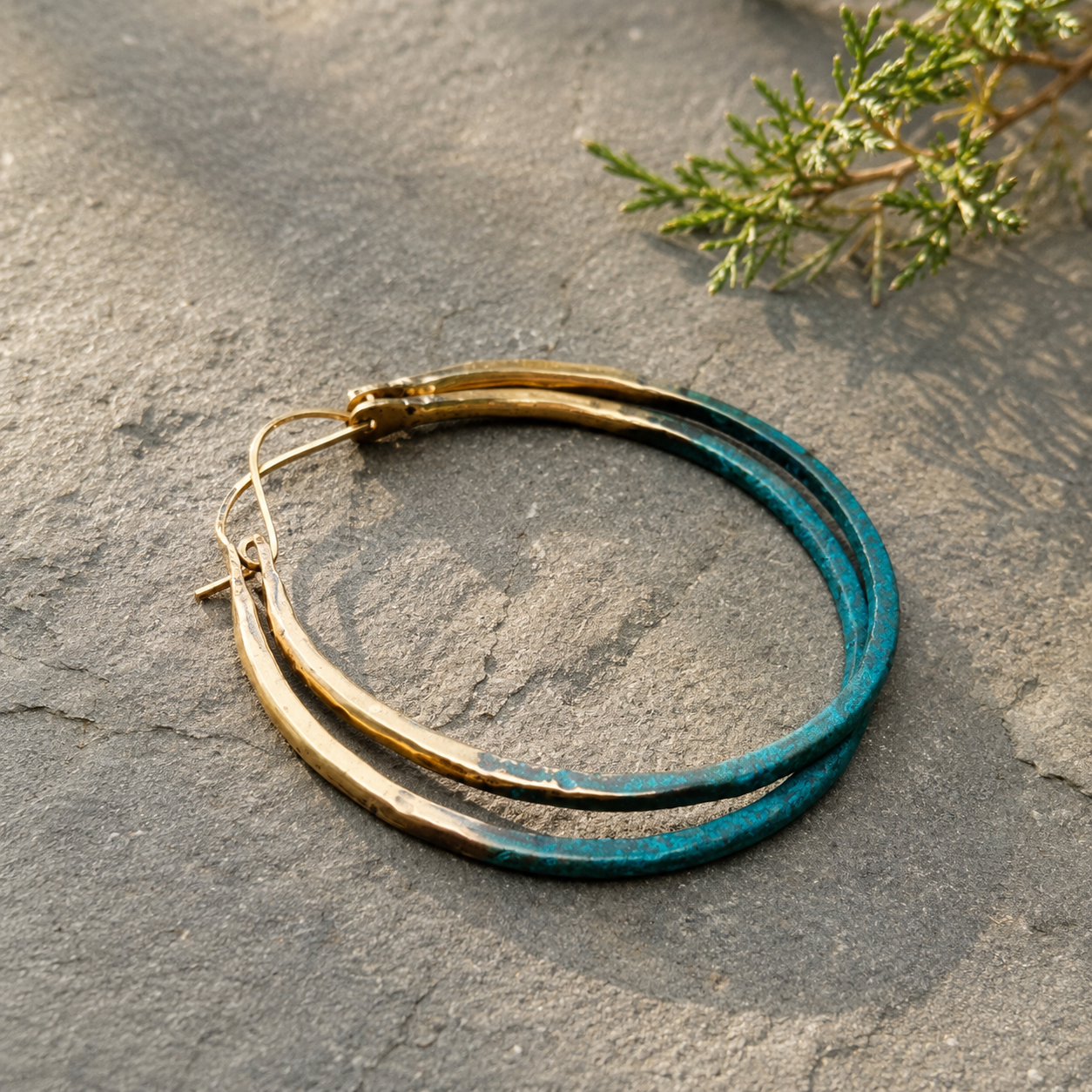 Handcrafted Verdigris Hammered Brass Hoop Earrings