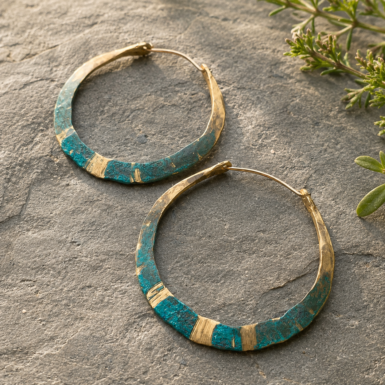 Hand-Hammered Verdigris Brass Hoop Earrings