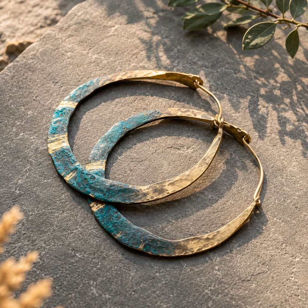 Hand-Hammered Verdigris Brass Hoop Earrings