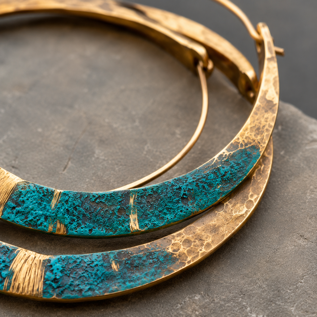 Hand-Hammered Verdigris Brass Hoop Earrings