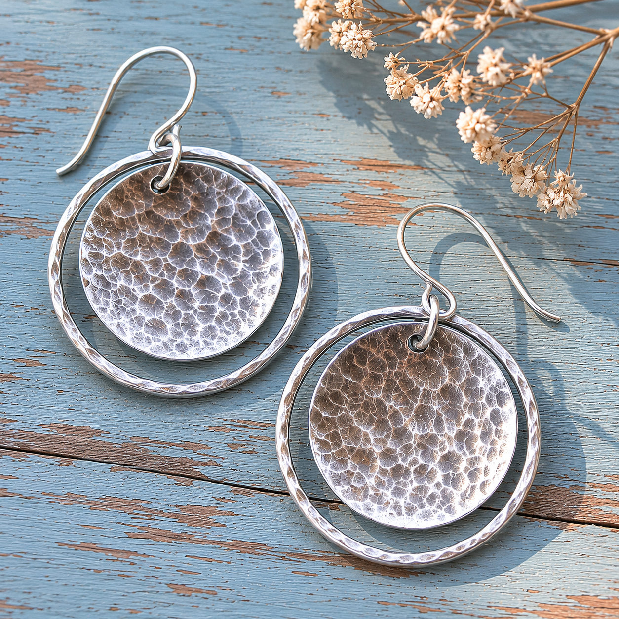 Hand-Hammered Sterling Silver Disc Drop Earrings