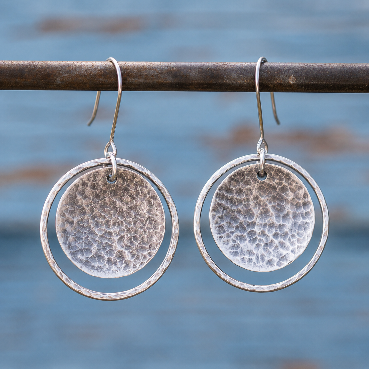 Hand-Hammered Sterling Silver Disc Drop Earrings