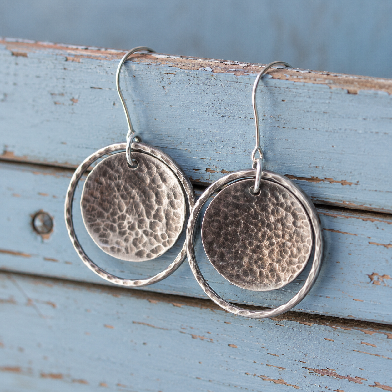 Hand-Hammered Sterling Silver Disc Drop Earrings