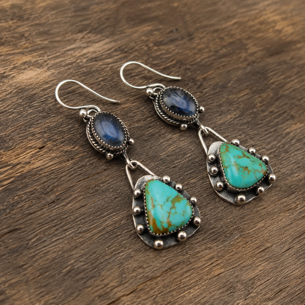 Natural Moonstone & Turquoise Sterling Silver Artisan Earrings
