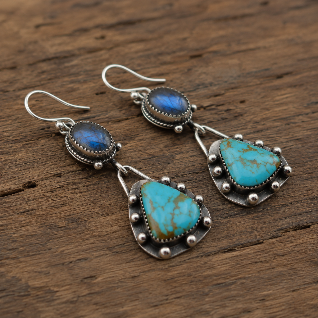 Natural Moonstone & Turquoise Sterling Silver Artisan Earrings