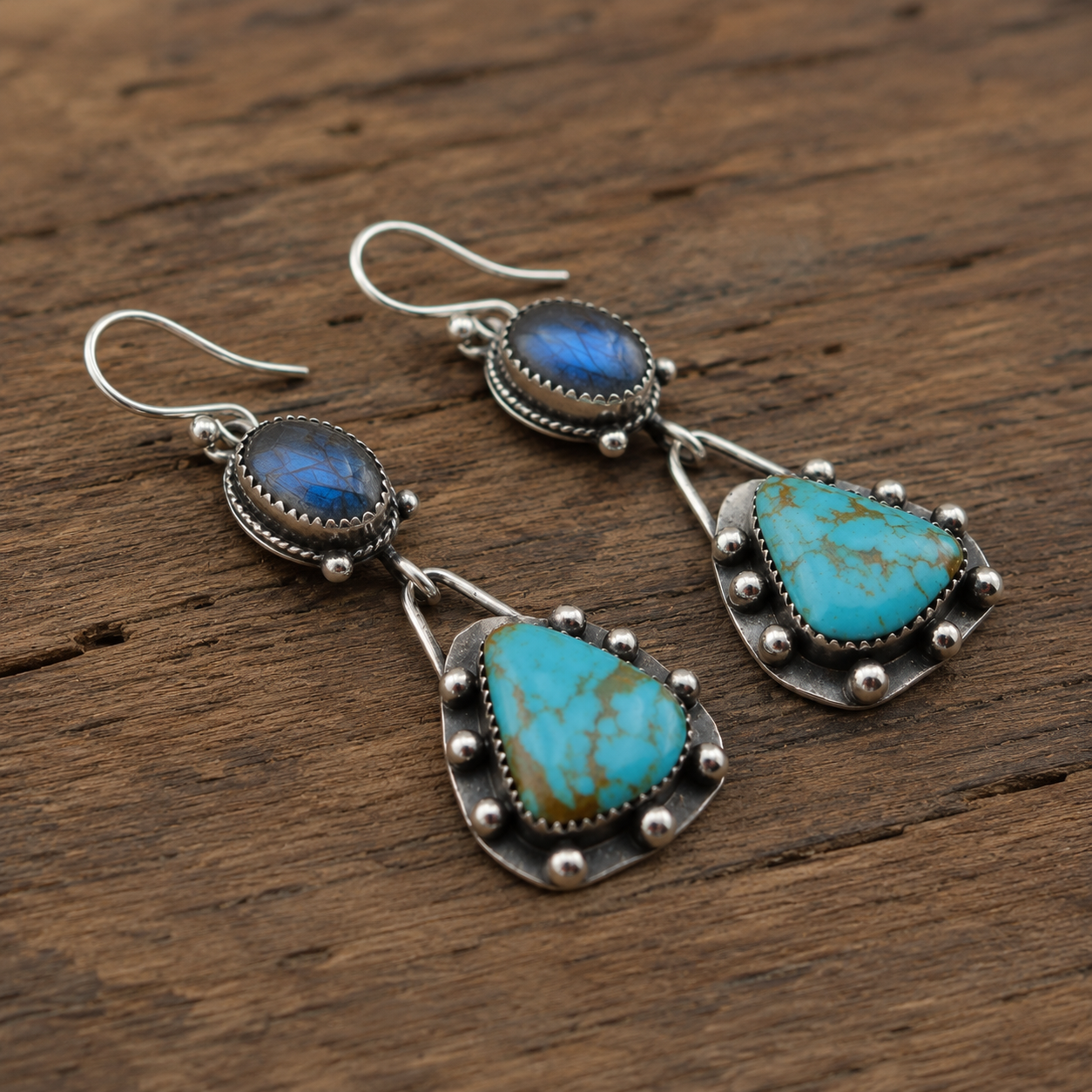 Natural Moonstone & Turquoise Sterling Silver Artisan Earrings