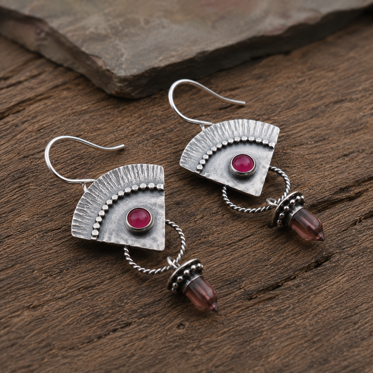 Handmade Sterling Silver Natural Ruby Statement Earrings