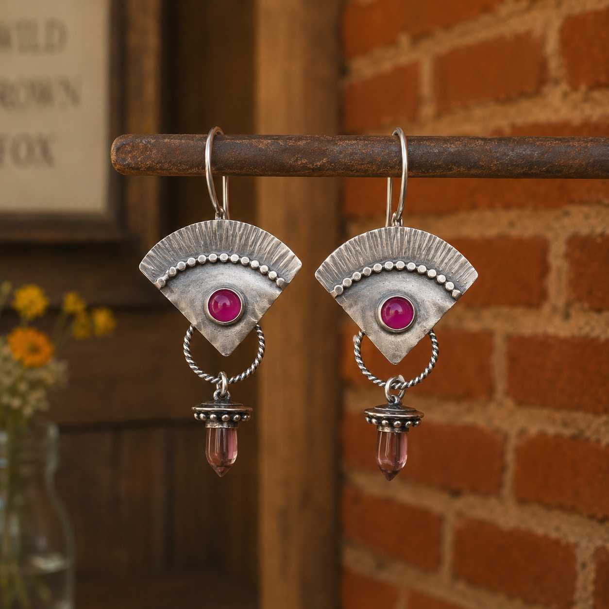 Handmade Sterling Silver Natural Ruby Statement Earrings