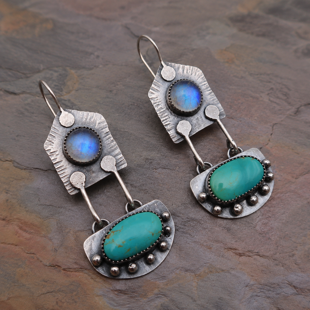 Natural Moonstone & Turquoise Artisan Earrings in Sterling Silver
