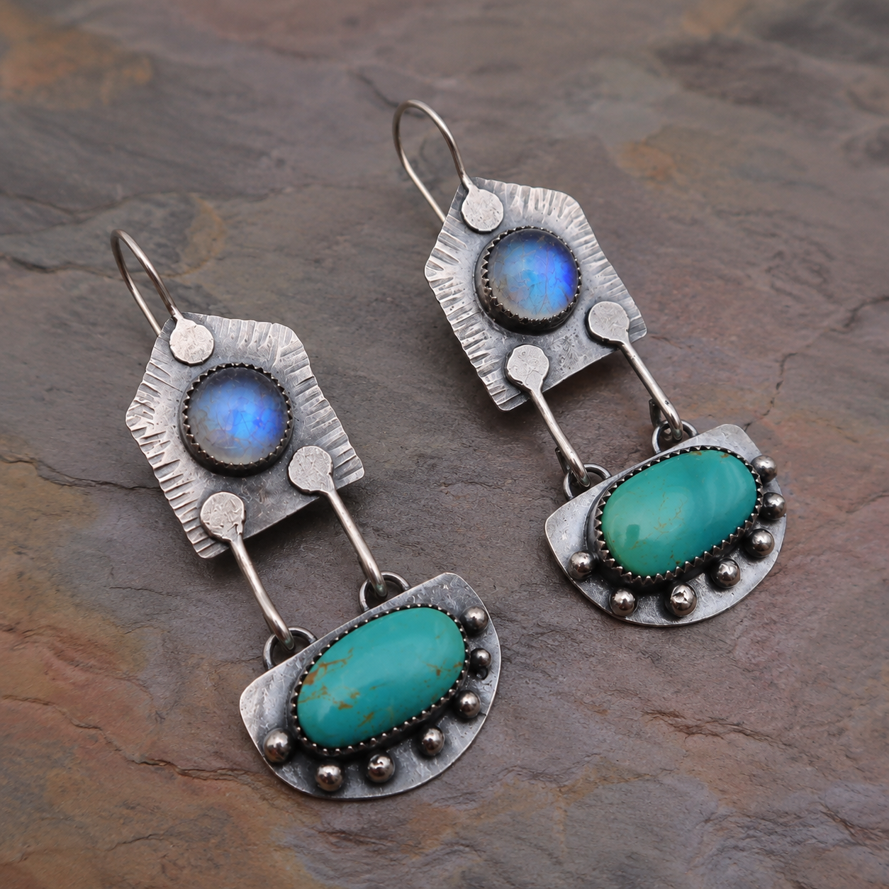 Natural Moonstone & Turquoise Artisan Earrings in Sterling Silver