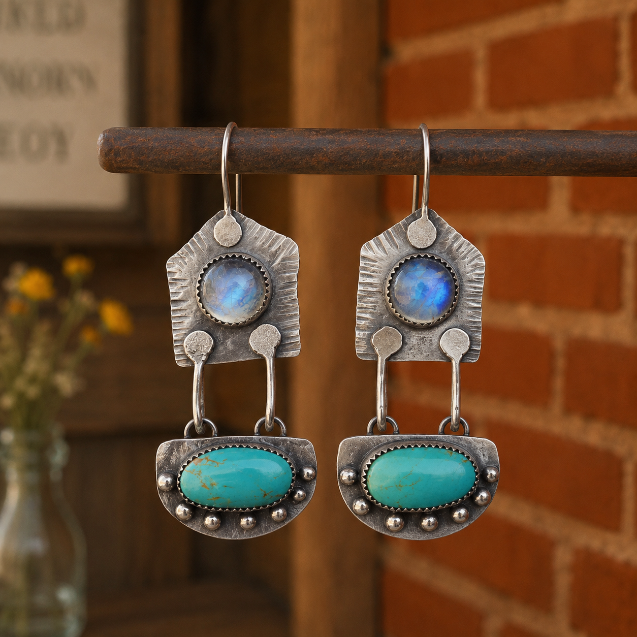 Natural Moonstone & Turquoise Artisan Earrings in Sterling Silver