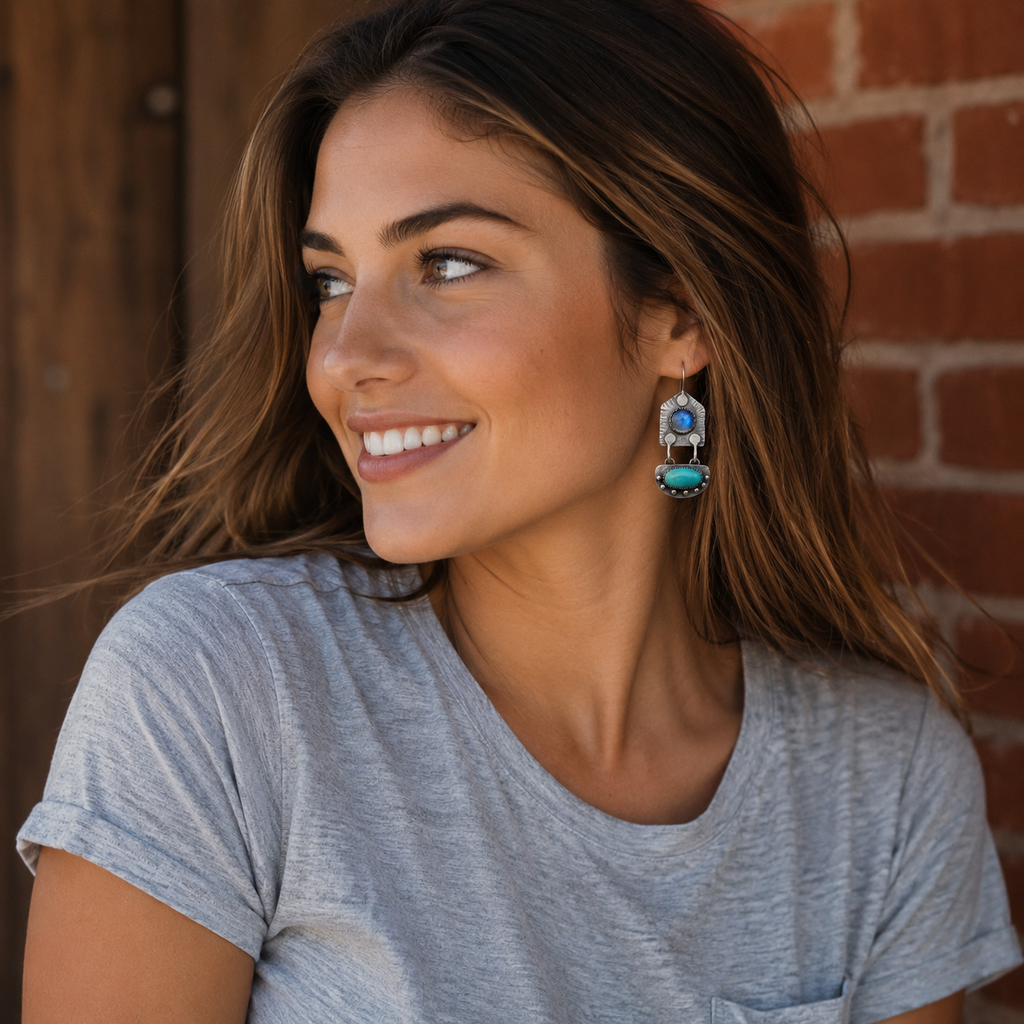 Natural Moonstone & Turquoise Artisan Earrings in Sterling Silver
