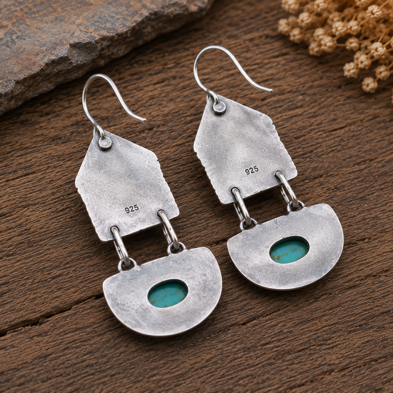 Natural Moonstone & Turquoise Artisan Earrings in Sterling Silver