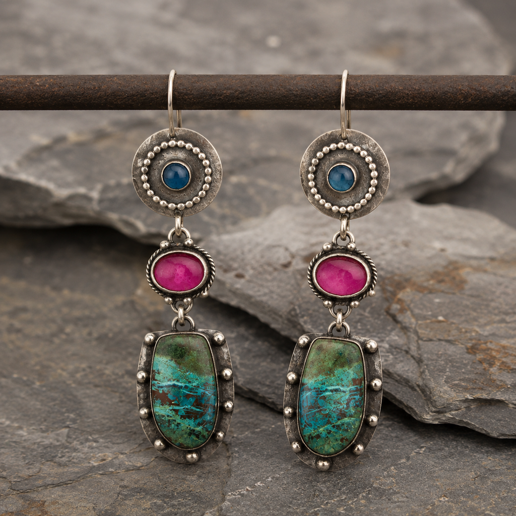Handmade Sterling Silver Apatite, Pink Agate & Malachite Personalized Drop Earrings