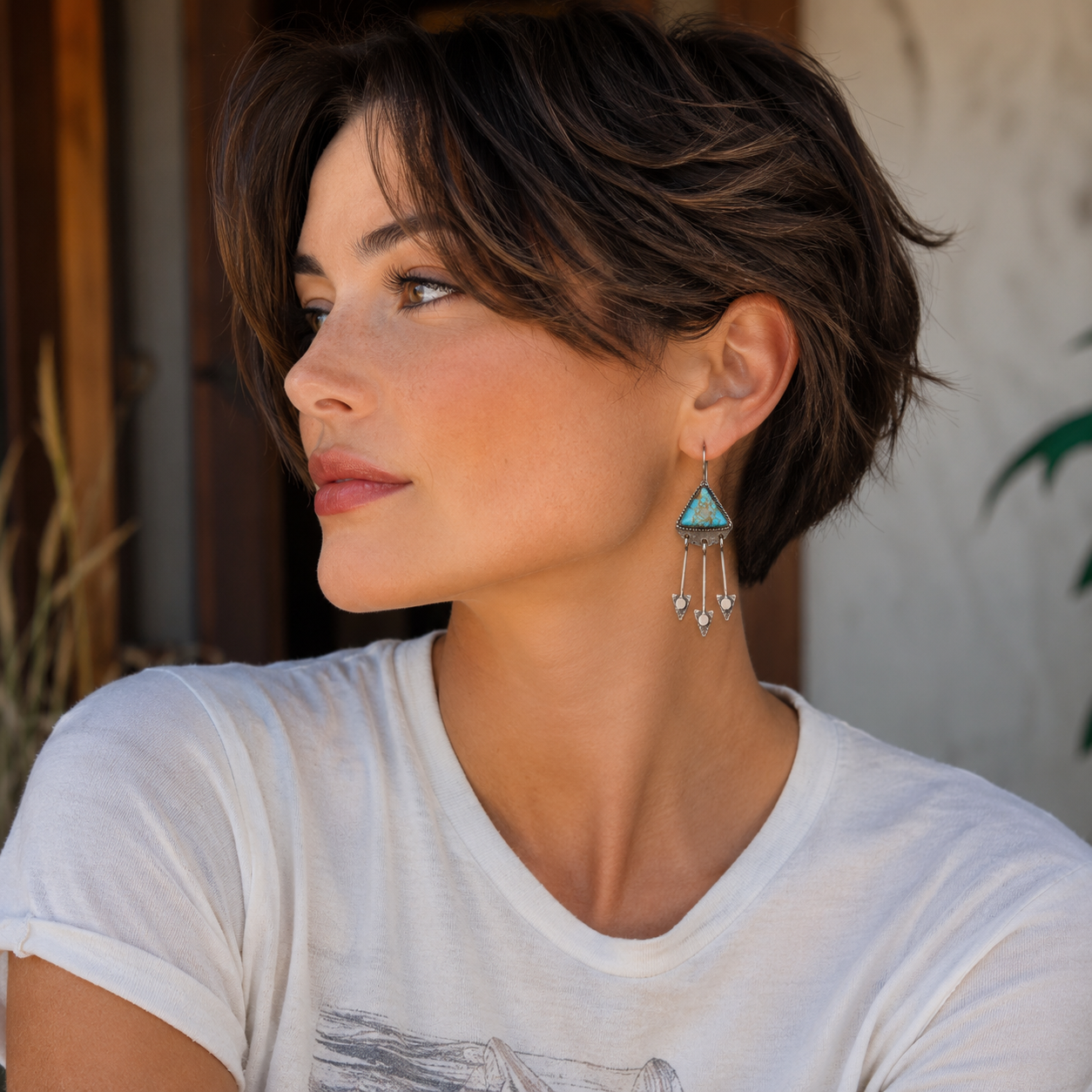 Natural Turquoise Hammered Sterling Silver Artisan Earrings
