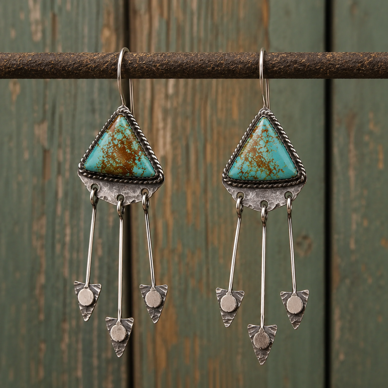Natural Turquoise Hammered Sterling Silver Artisan Earrings