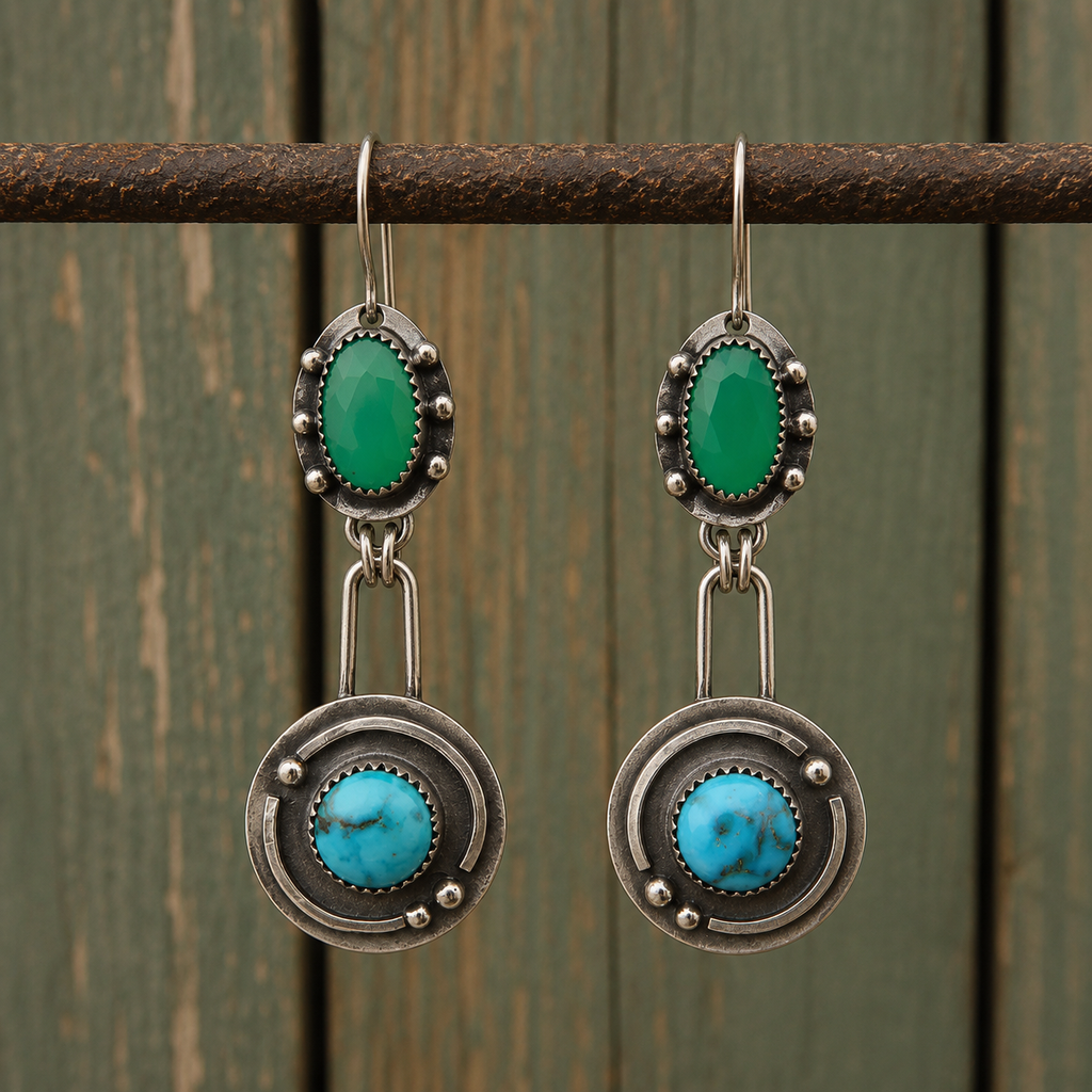 Natural Turquoise & Green Jasper Hammered Sterling Silver Artisan Earrings